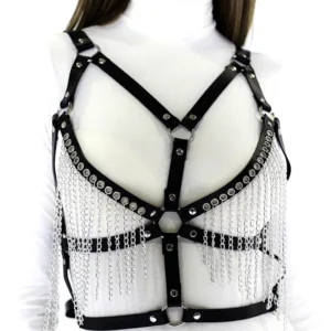Gothic leather chain harness on mannequin torso, front full view showing black straps, silver chain fringe, and metal grommet fasteners