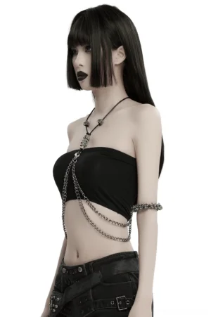 Silver chain body harness side profile on alternative model with blunt bangs, layered chains and matching arm accessory