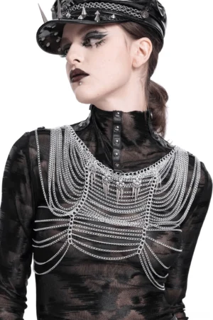 Gothic chain headpiece with layered silver chains and skull pendants, side profile fashion photography
