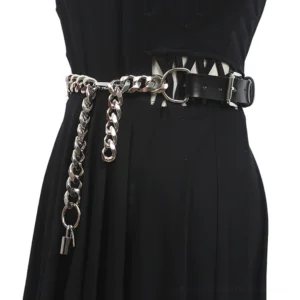 Gothic punk chain belt featuring dual hanging tassel chains with adjustable pin buckle worn on mannequin, alternative fashion waist accessory