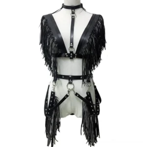 Full body mannequin display of black leather fringe bondage crop top harness set with neck collar, waist and leg tassels, metal buckles