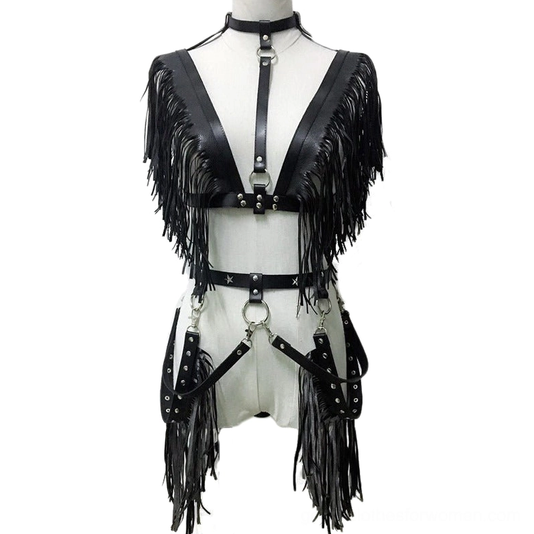 Full body mannequin display of black leather fringe bondage crop top harness set with neck collar, waist and leg tassels, metal buckles