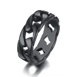 Matte black stainless steel gothic chain link ring with hollow curb chain texture, top-down studio view