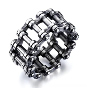 Stainless steel chain link gothic ring front view close-up on white background showing vintage distressed silver finish