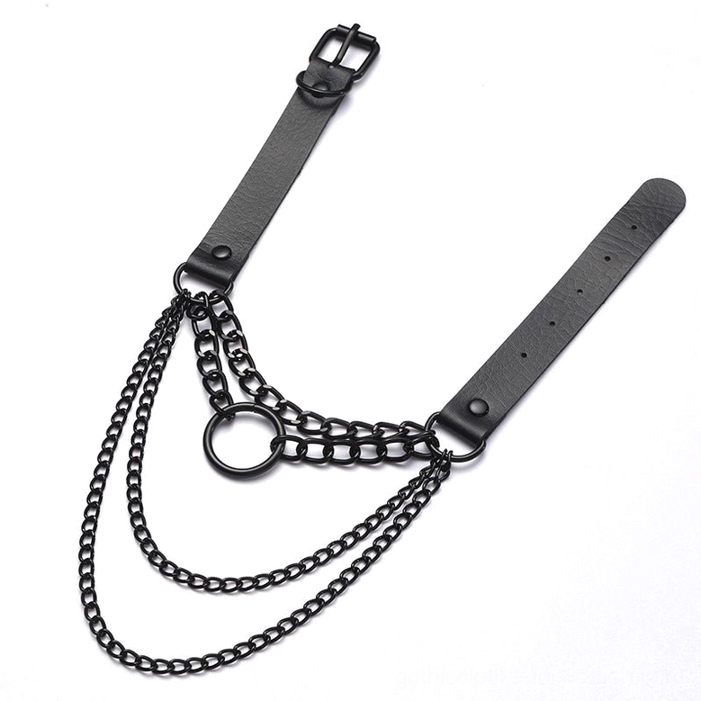 Alternative gothic layered chain O-ring choker necklace with PU leather strap - alternative angle detail shot