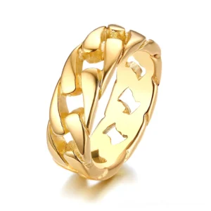 Rich gold-toned stainless steel gothic chain ring featuring hollow curb chain design, polished finish studio shot