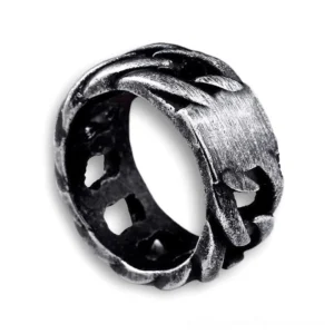 Gray matte finished braided chain gothic ring with hollow carved interior detail, side view showcasing metalwork craftsmanship