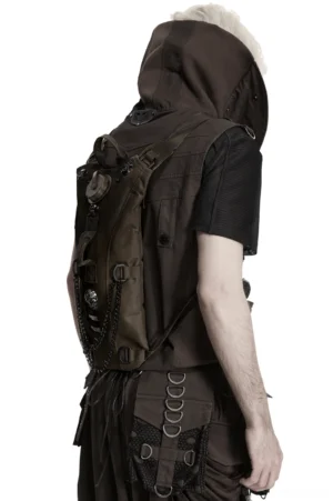 Side profile of dark brown tactical hydration backpack with chain accents paired with gothic cargo pants on male model