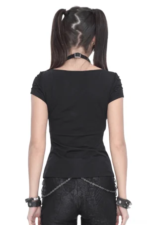 Black gothic ripped t-shirt back view showing slim fit silhouette, studded wristbands, punk styling