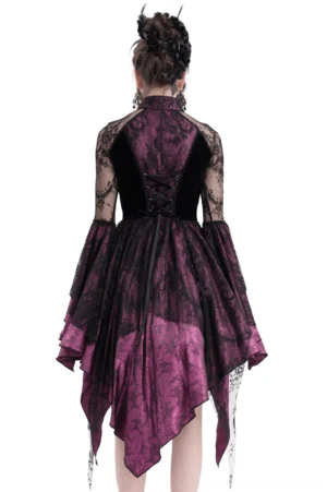 Gothic cheongsam dress back view, corset lace-up closure with flared bell sleeves