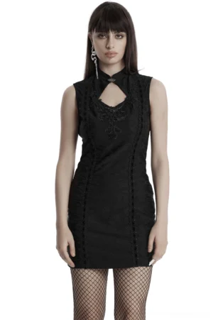 Gothic sleeveless cheongsam dress with hollow cutout front view on model