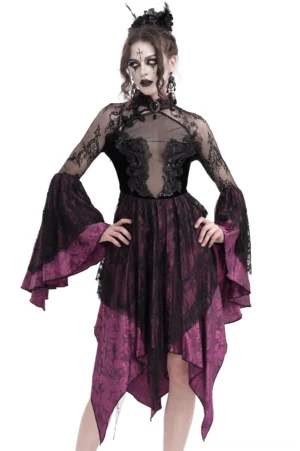 Gothic lace cheongsam dress with high collar, front view on model showing black and purple layered skirt
