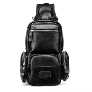 Full front view of gothic crossbody sling bag showing dual zipper pockets and padded shoulder strap