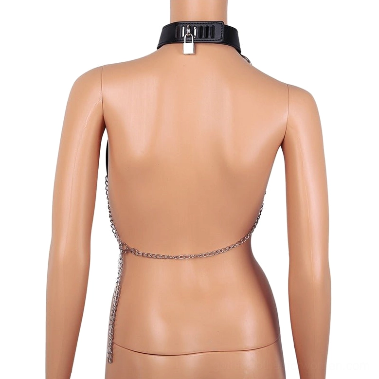 Back view of adjustable gothic chest harness with lockable neck clasp and waist chain extension
