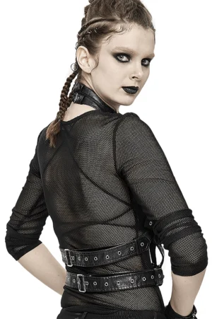 Gothic bondage harness back view on model displaying dual waist belt straps and layered faux leather construction with metal accents
