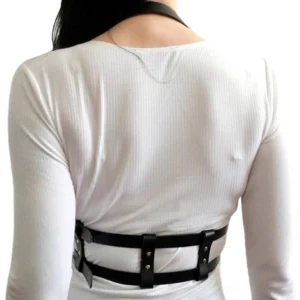 Black gothic chest harness belt back view, showing rear neck strap and waist buckle configuration