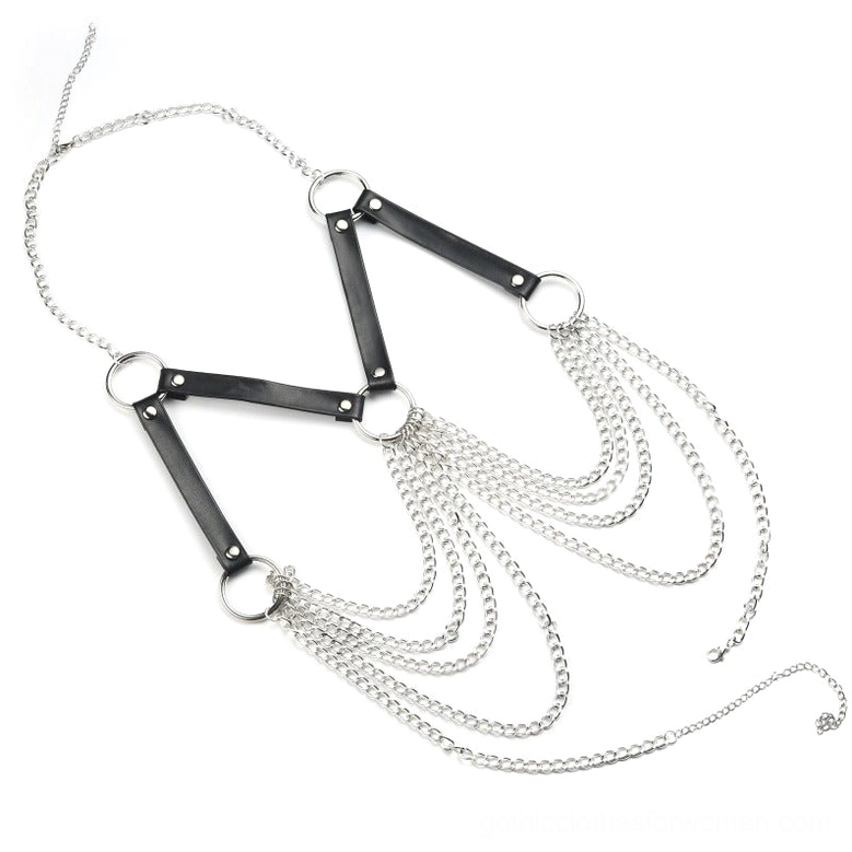 Gothic chest harness with detachable silver metal chains and O-ring hardware flat lay top-down view