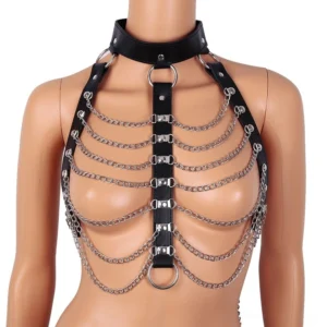 Front view of black multi-chain gothic chest harness with silver hardware and open bust design on female mannequin