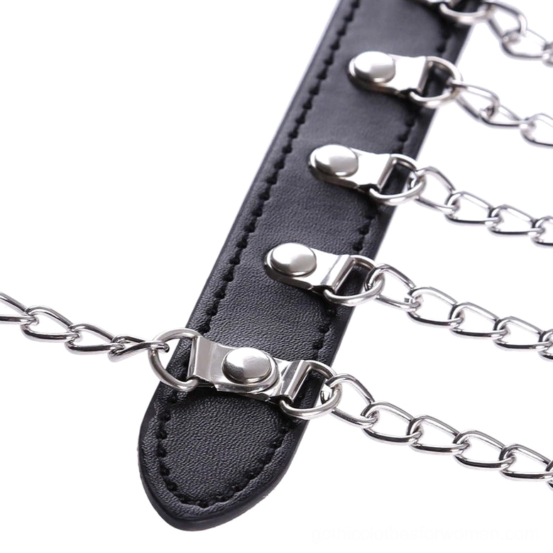 Alternative styling view of gothic multi-chain harness worn with contemporary outfit ensemble suggestion