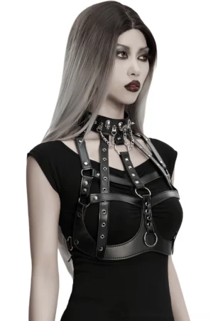Three-quarter view of skull decorated gothic chest harness with D-ring chains
