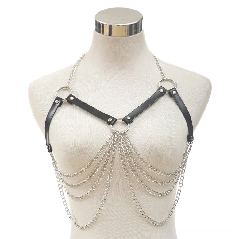 Black gothic chest harness with long cascading layered chains no waist belt beige mannequin