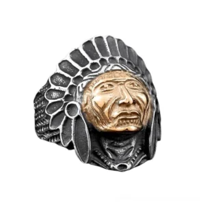Gothic chief skull ring with feather headdress dual-tone stainless steel finish front view