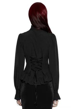 Gothic lace blouse back view, featuring adjustable lace-up corset-style back closure and ruffled peplum hem detail