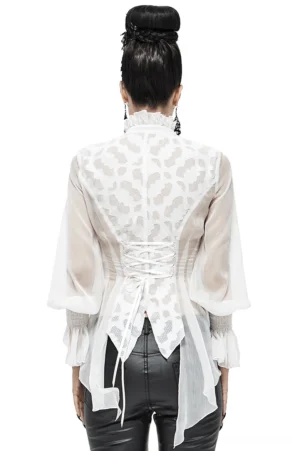 White gothic chiffon blouse back view showing lace-up corset back detail and inverted tail hem on model