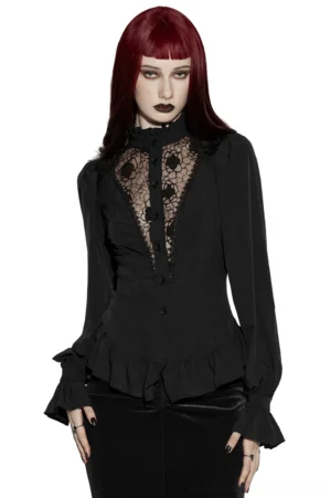 Women's Victorian gothic chiffon blouse with ruffled stand collar, front studio view showcasing sheer lace chest panel and bishop sleeves