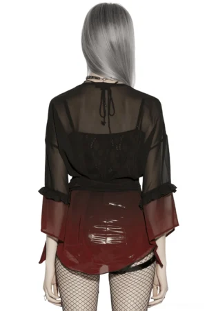 Burgundy to black gradient chiffon gothic cape back full-body view showing uneven jagged hem and back neck tie