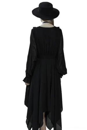 Black asymmetrical chiffon gothic dress back view on model with wide-brim hat, showing high waistline and irregular handkerchief hem layers