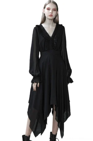 Black asymmetrical chiffon gothic dress with layered handkerchief hem, front view on model wearing V-neck ruffled placket and sheer voluminous sleeves