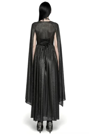 Black gothic formal gown with lace-up corset back and flowing chiffon cape sleeves, rear view on model