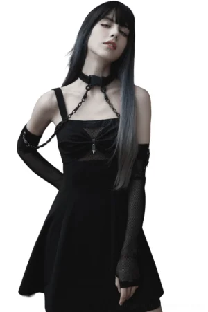 Black fishnet gothic choker with detachable chain arm sleeves worn by model, front three-quarter view showcasing mesh texture and industrial chain details