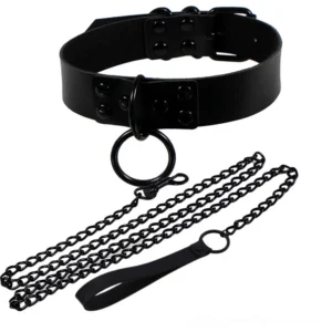 Black gothic leather bondage choker with heart pendant and dual adjustment buckles, overhead flat lay view