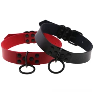 Black and khaki dual-color leather gothic choker with O-ring pendant and studded buckles on white background