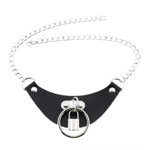 Black PU leather gothic choker with metal chain and decorative lock, flat lay front angle studio shot