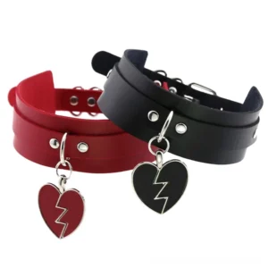 Black and red leather gothic choker necklaces with fractured heart pendants - front view comparison