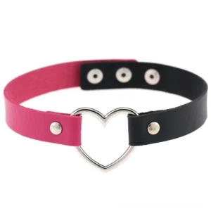 Black and rose red two-tone gothic choker collar featuring polished silver heart charm and link chain design