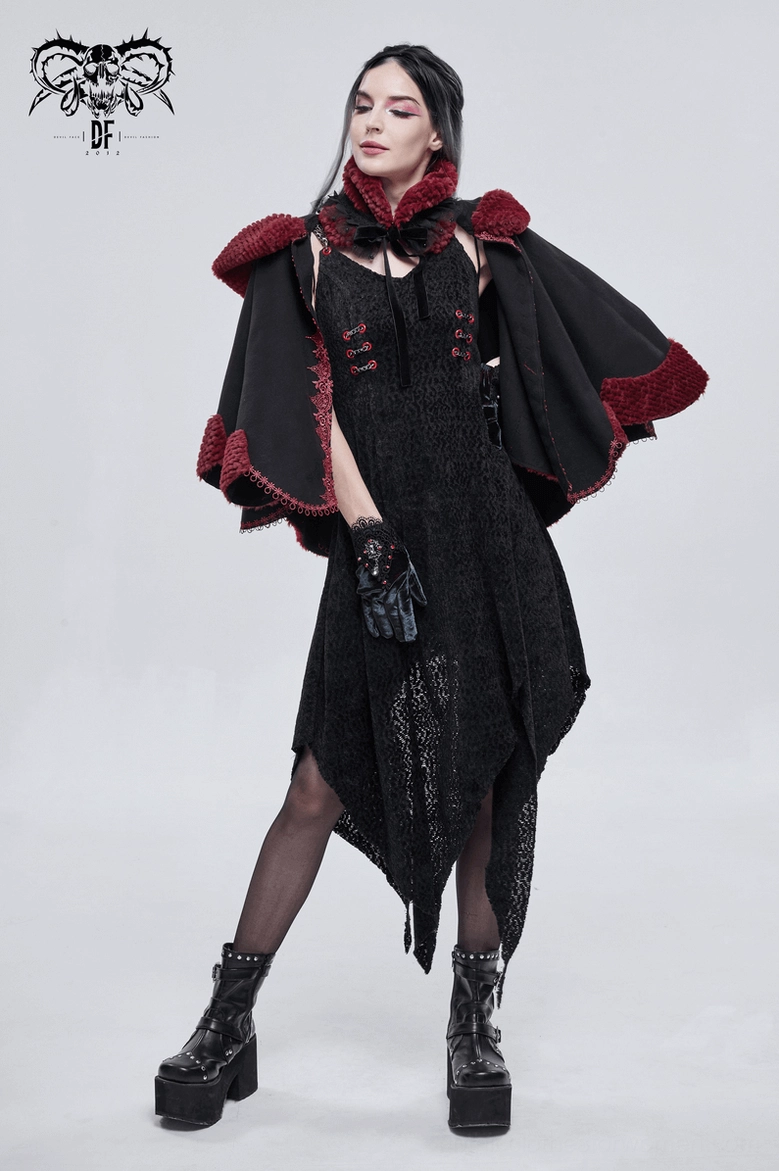 Burgundy gothic faux fur neck collar with black lace ruffles and beaded accents, alternative fashion accessory