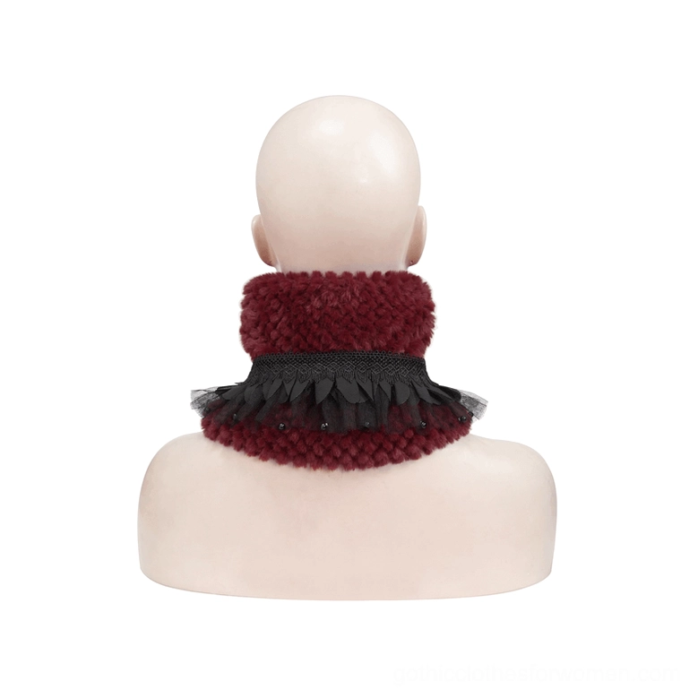 Wine red gothic collar rear view on mannequin, displaying fuzzy knit texture and lace edge construction