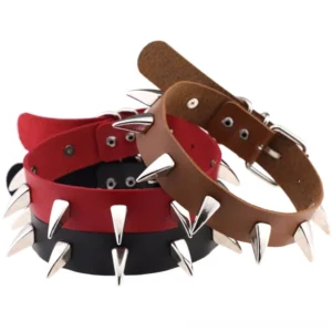 Stacked spiked leather gothic choker collection in red, black and brown with silver spike studs, unisex neck collar
