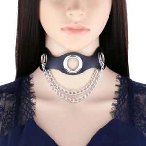 Dark blue gothic PU leather choker with layered silver chains worn on female mannequin