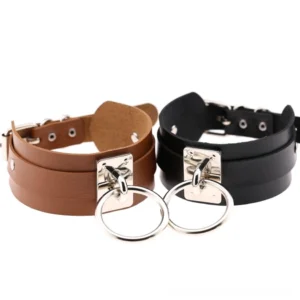 Double-layer vegan leather gothic choker with silver O-ring hardware in black and brown color variants, flat lay studio shot