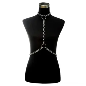Gothic choker harness front view with integrated O-rings and central chain design on black female mannequin