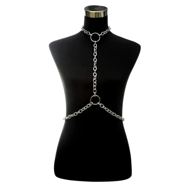 Gothic choker harness front view with integrated O-rings and central chain design on black female mannequin