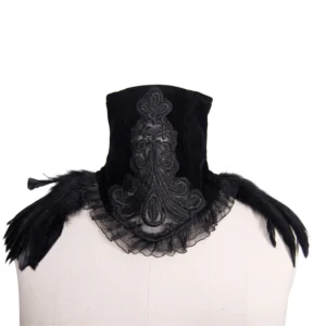 Gothic black velvet choker collar on mannequin - front display view featuring embroidered lace trim, soft velvet fabric, and feather accents