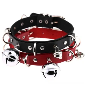 Multi-color PU leather gothic choker set flat lay displaying black, red and grey color options with silver hardware and bells