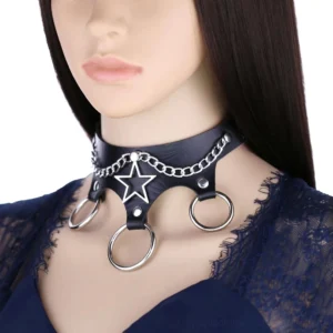 Leather star choker worn on female mannequin showing neck fit and style