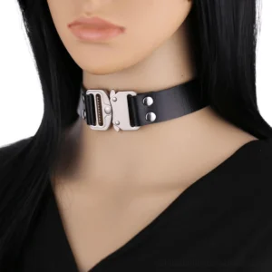 Black PU leather gothic choker on mannequin neck, close-up of silver quick-release metal buckle and punk styling details